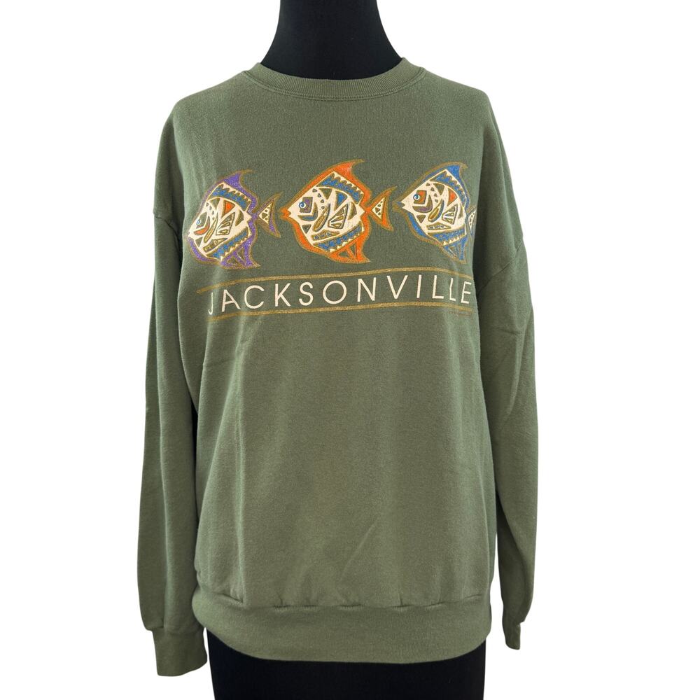VINTAGE Jerzees Jacksonville USA Green Fish Sweatshirt Crew Size L Large